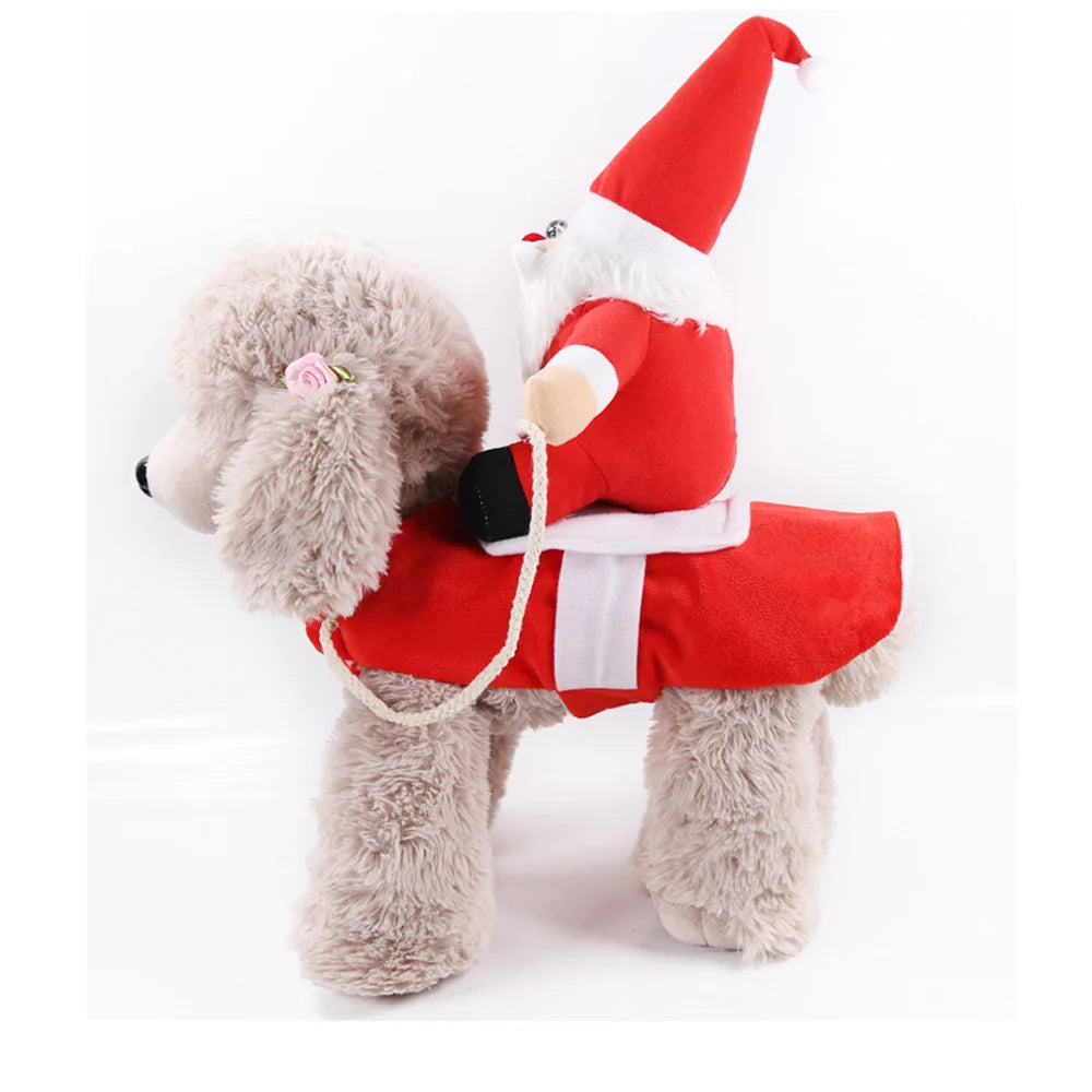 Funny dog costumes for Halloween featuring a fluffy dog dressed as Santa on a sleigh