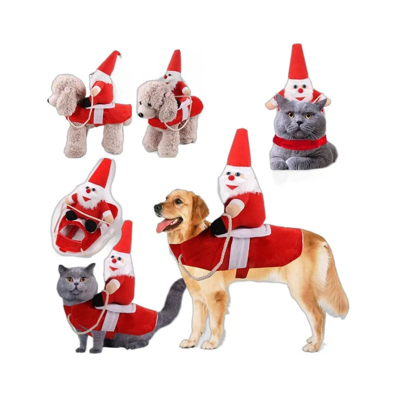 Funny dog costumes for Halloween featuring Santa outfits for dogs and cats with festive designs