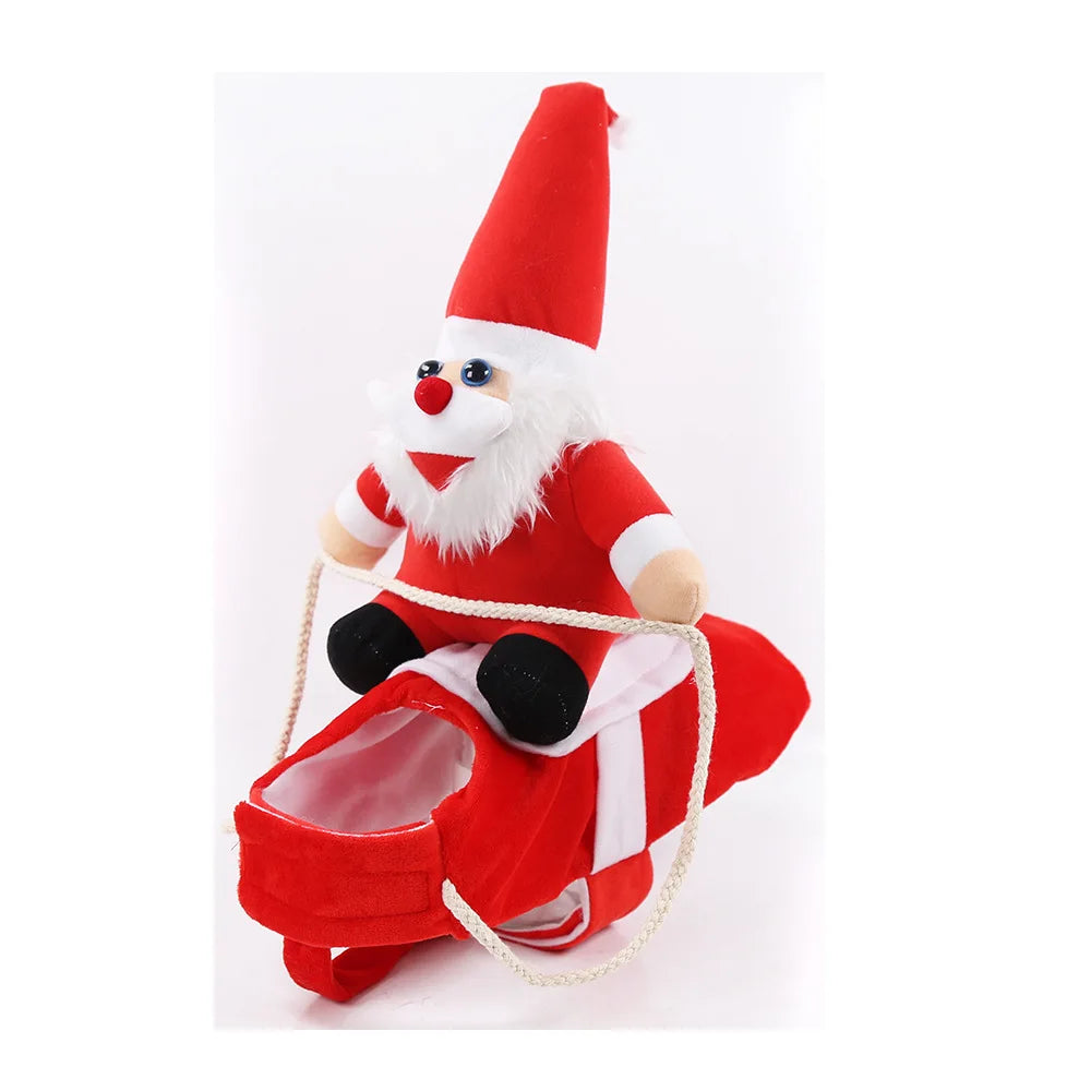 Funny dog costume for Halloween featuring a Santa riding a dog in a festive outfit