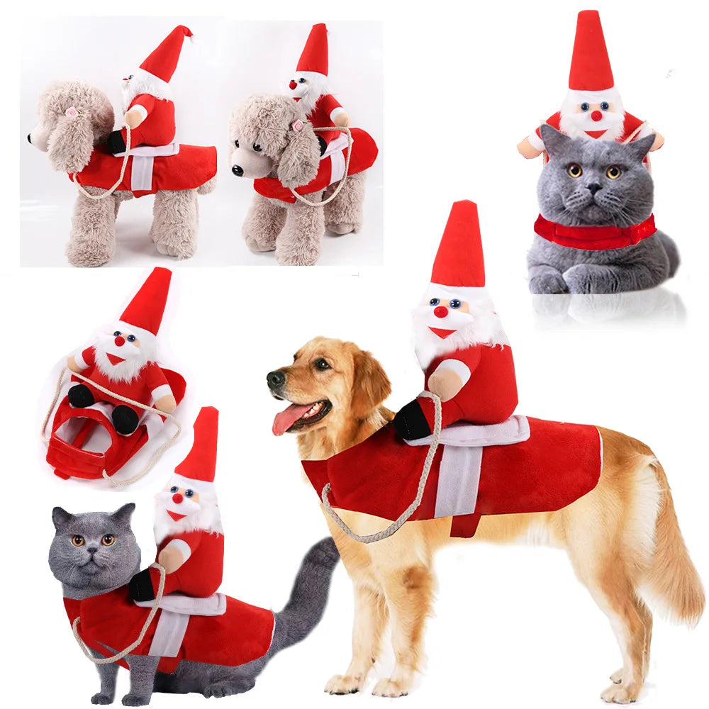Funny dog costumes for Halloween featuring Santa and elf outfits for pets with festive hats