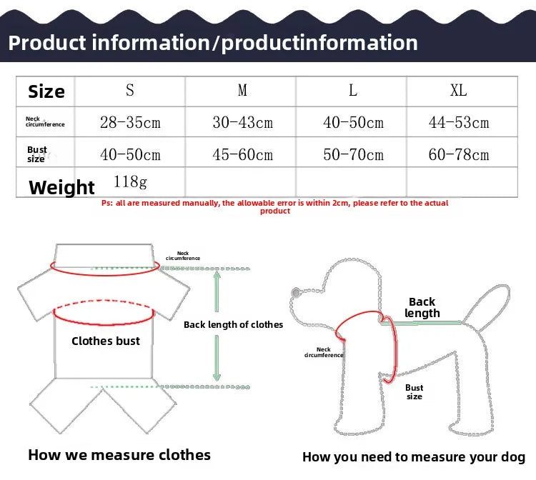 Size chart for funny dog costumes for Halloween with measurements for bust, neck, and weight