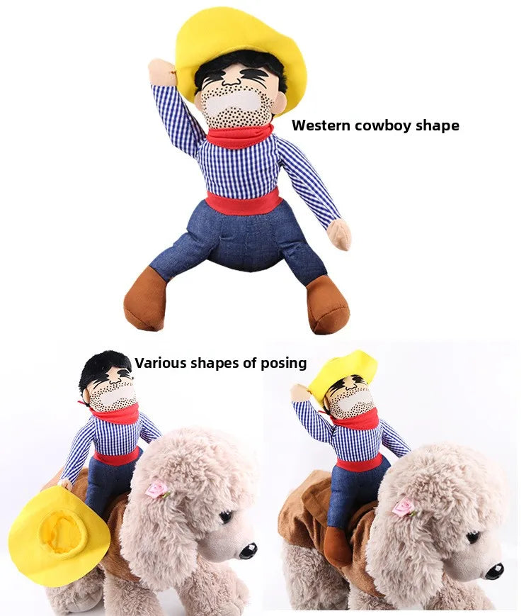 Funny dog costumes for Halloween featuring a cowboy plush on a dog for playful pet dressing