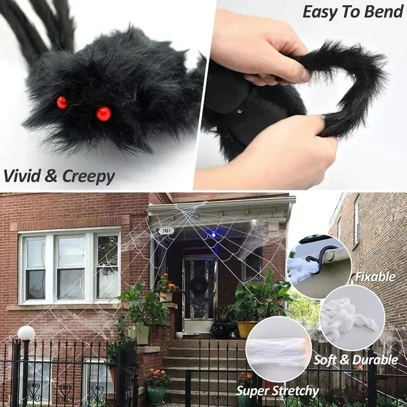 Giant Halloween spider decoration with vivid black fur and red eyes, ideal for spooky home decor