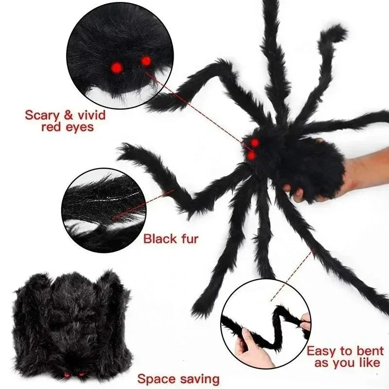 Giant Halloween spider decoration with realistic black fur and scary red eyes, perfect for spooky displays