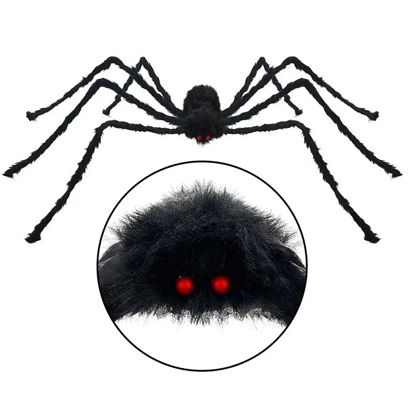 Giant Halloween spider decoration with fluffy black body and glowing red eyes for spooky decor