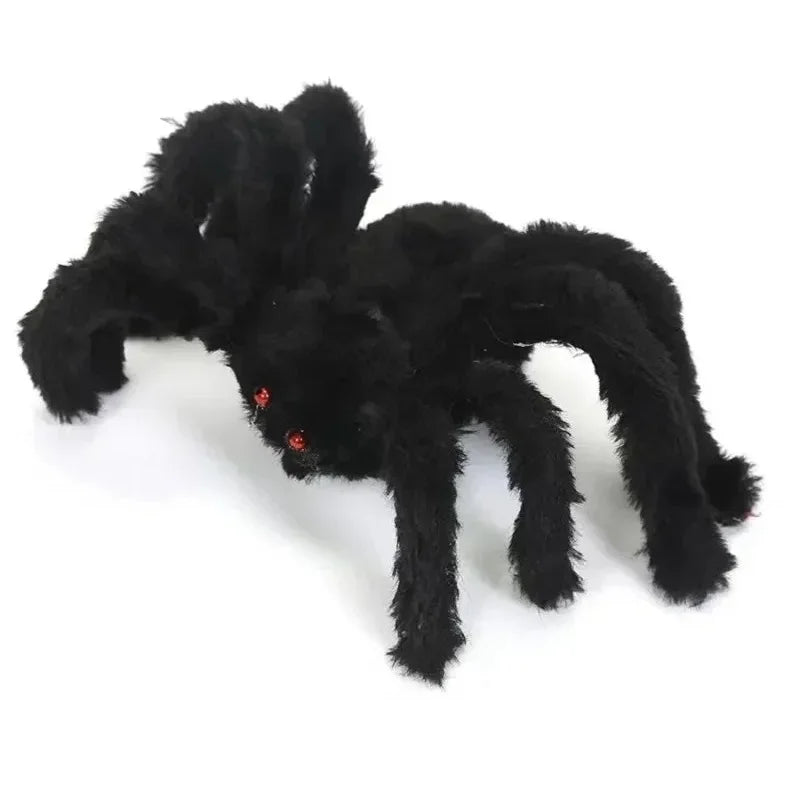 Giant Halloween spider decoration with plush black body and red eyes for spooky indoor or outdoor displays