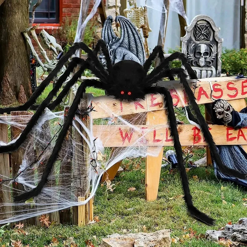 Giant Halloween spider decoration with black legs and red eyes, perfect for spooky outdoor decor