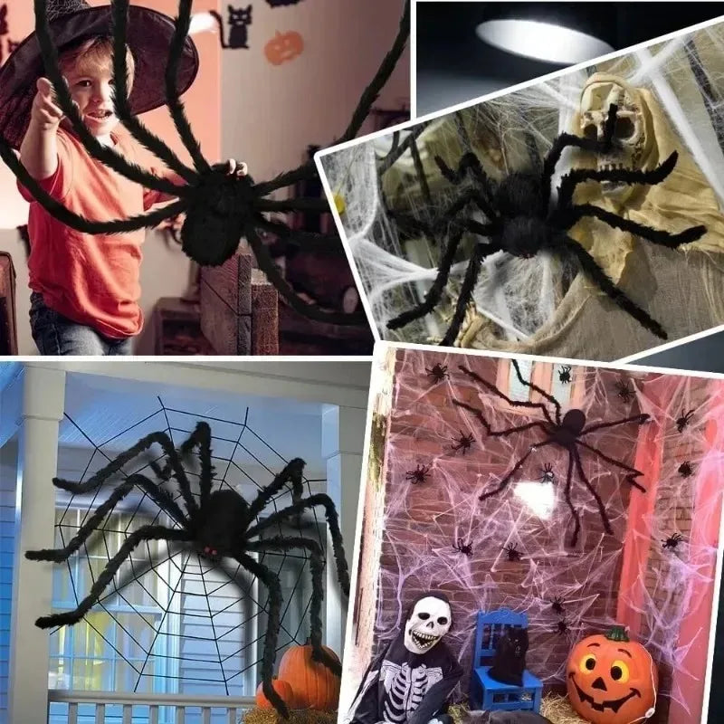 Giant Halloween spider decoration displayed indoors and outdoors with spooky themes and festive decor
