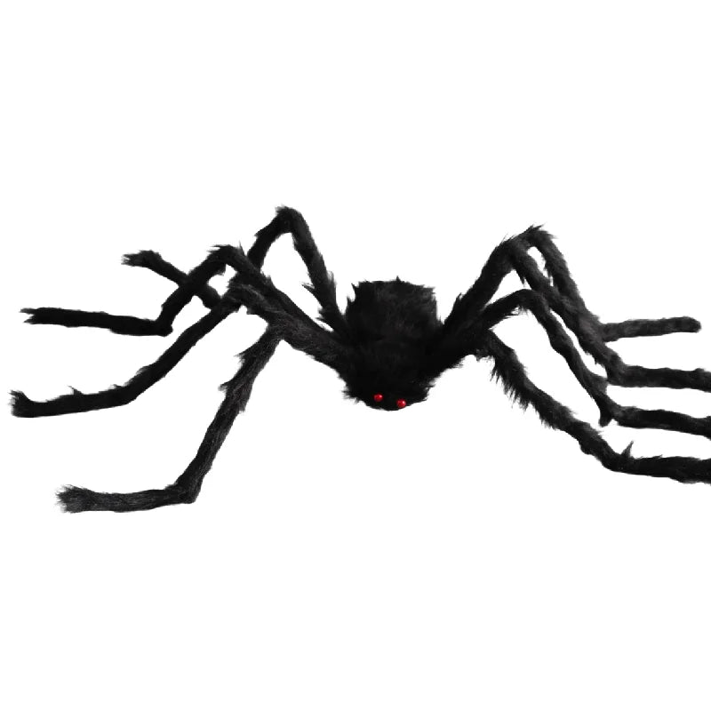 Giant Halloween spider decoration with fuzzy black body and red eyes for spooky decorations