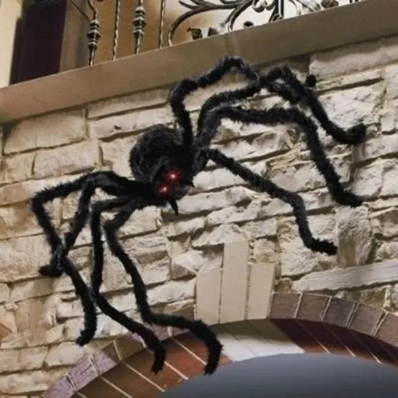 Giant Halloween spider decoration with glowing red eyes for spooky home decor