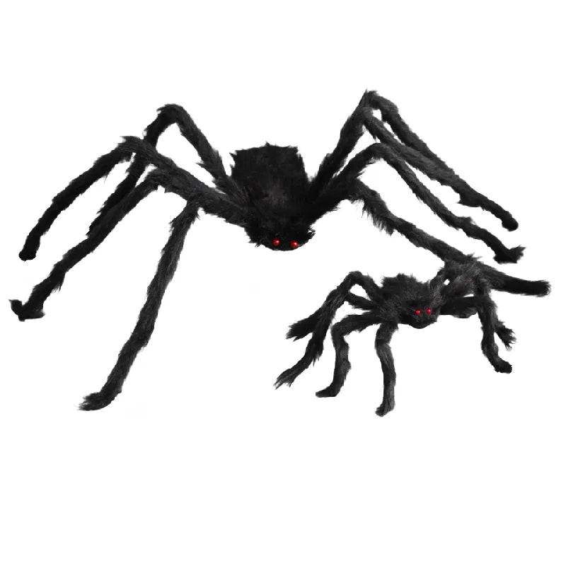 Giant Halloween spider decoration set featuring large and small black spiders with red eyes