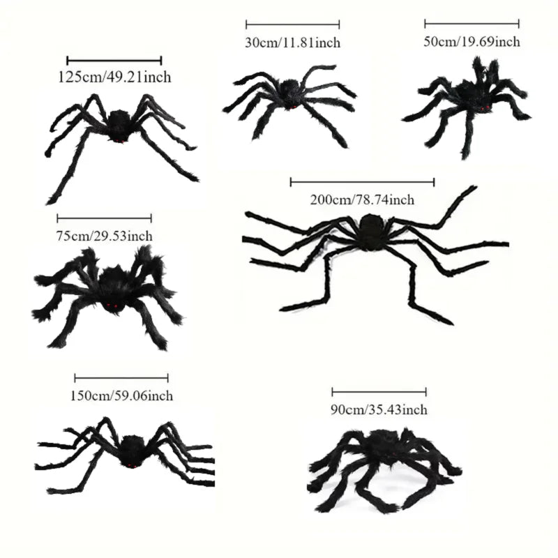 Giant Halloween spider decoration displayed in various sizes for spooky home decor