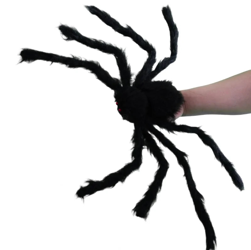 Giant Halloween spider decoration with realistic black fur and long legs for spooky decor