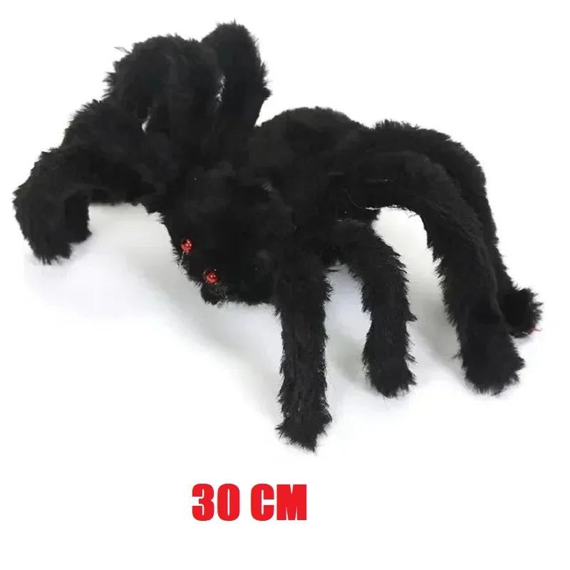 Giant Halloween spider decoration in black with red eyes, measuring 30 cm for spooky decor