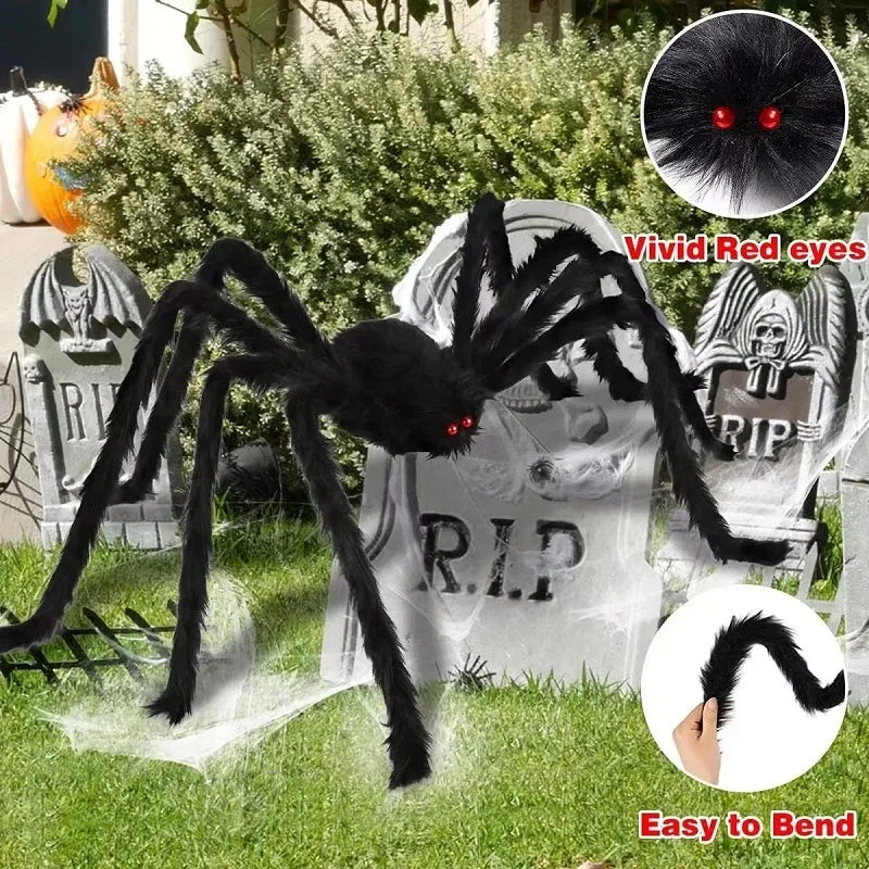 Giant Halloween spider decoration with vivid red eyes and bendable legs for spooky decor