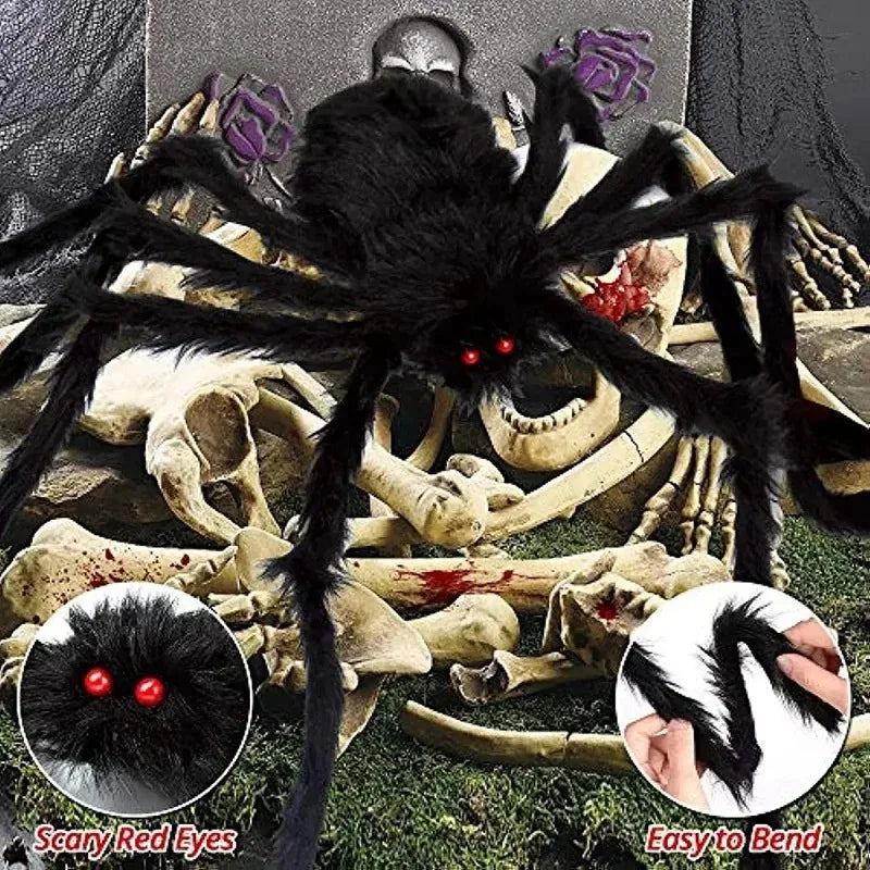 Giant Halloween spider decoration with scary red eyes, perfect for spooky party setups
