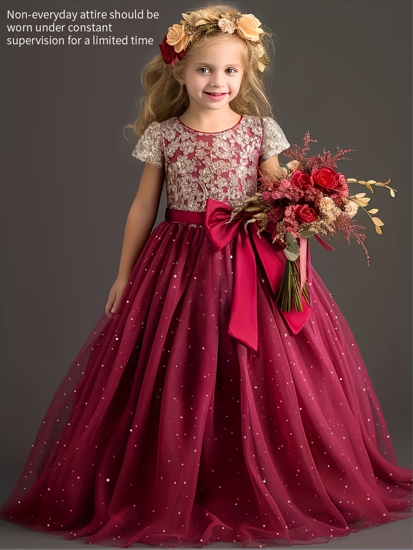 Girls floral wedding dress with a lace top and a burgundy skirt, perfect for special occasions