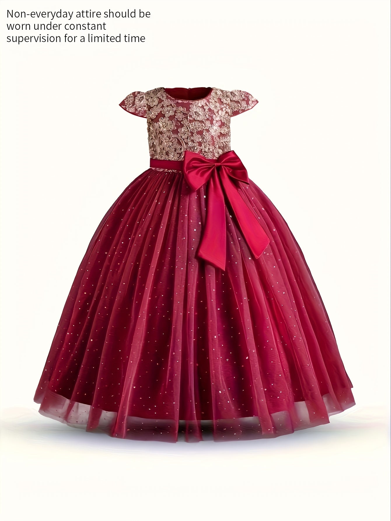 Girls floral wedding dress with a lace bodice and a flowing red skirt accented by a large bow