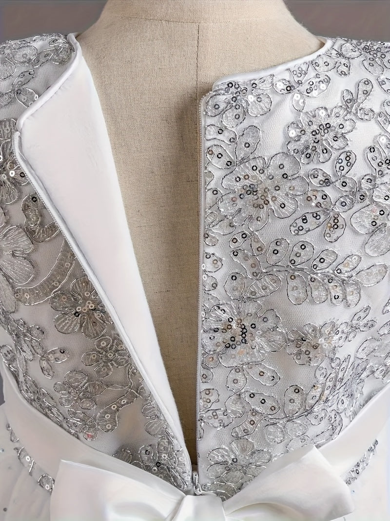 Girls floral wedding dress with intricate silver flower embroidery and open back design