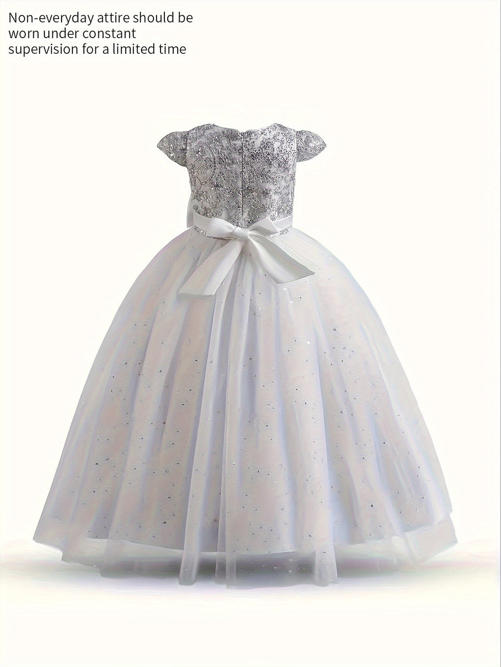 Girls floral wedding dress with a silver bodice and a soft tulle skirt featuring a ribbon tie