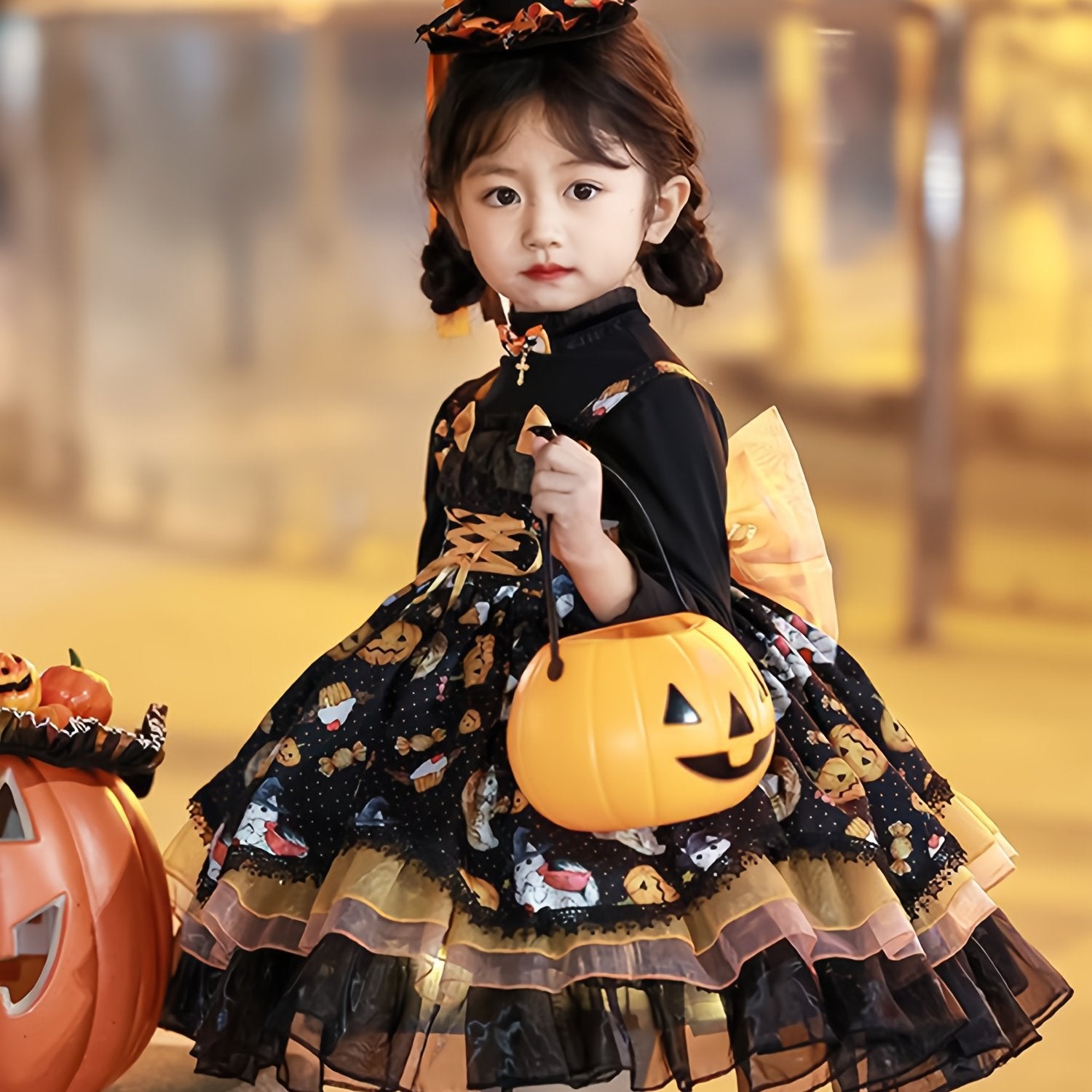 Girls Halloween party dress with colorful prints and black tulle, perfect for festive celebrations