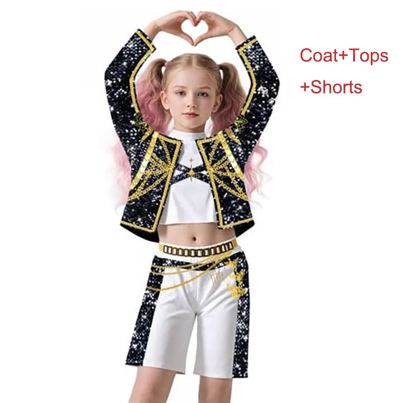 Girls K-pop cosplay costume featuring a stylish coat and shorts with sparkling details