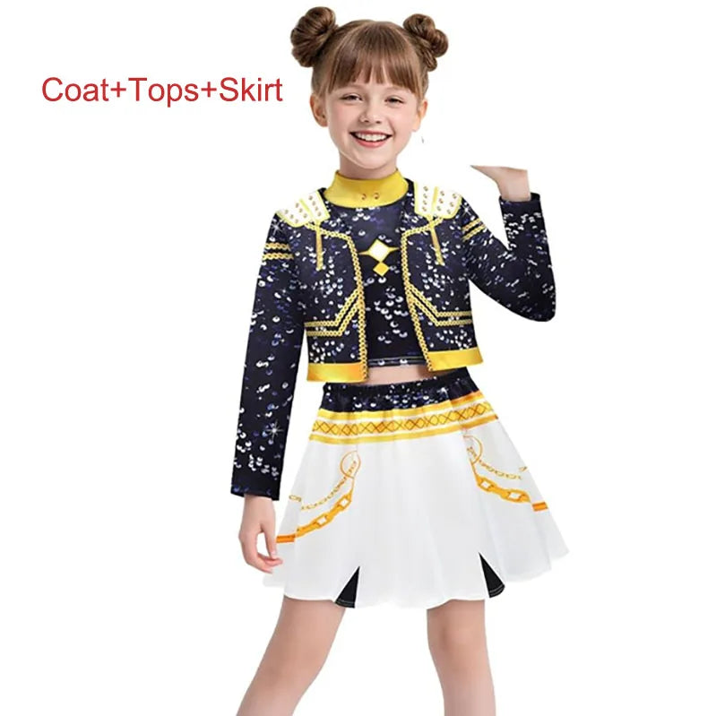 Girls K-pop cosplay costume featuring a colorful crop jacket, top, and skirt for vibrant performances