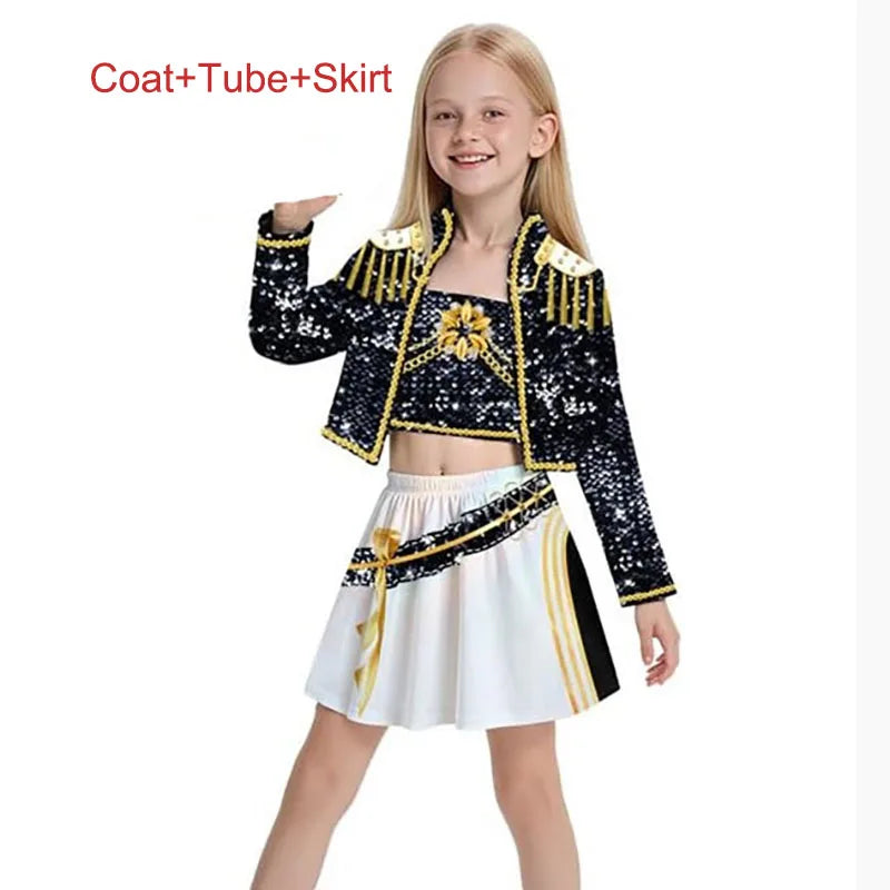 Girls K-pop cosplay costume featuring a sparkling coat, tube top, and skirt for fans and performers