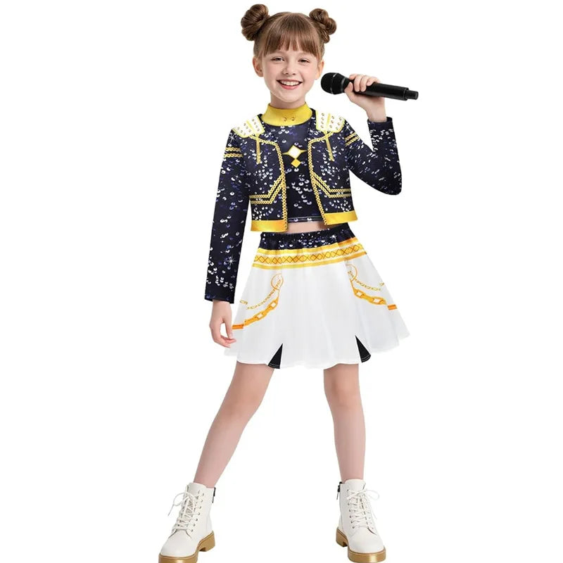 Girls K-pop cosplay costume featuring a stylish jacket and skirt for young fans of K-pop culture