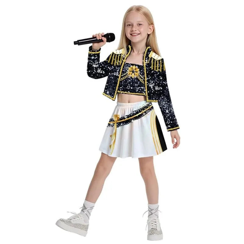 Girls K-pop cosplay costume featuring a stylish jacket and skirt perfect for performances
