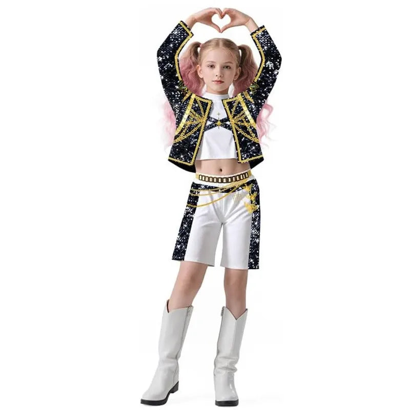 Girls K-pop cosplay costume featuring a sequined jacket and shorts with white boots