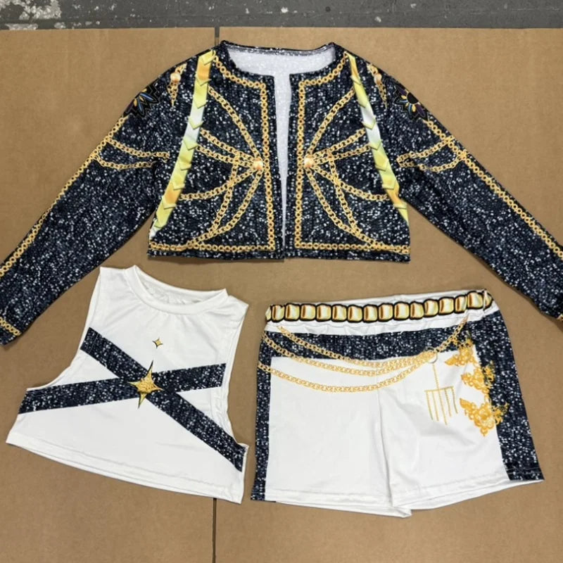 Girls K-pop cosplay costume featuring a stylish jacket, top, and matching shorts with gold accents