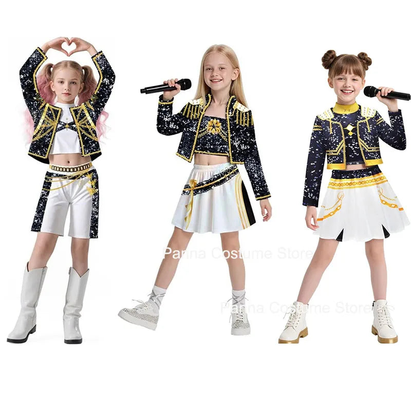 Three girls in stylish K-pop outfits featuring sparkly jackets and skirts for girls K-pop cosplay costume