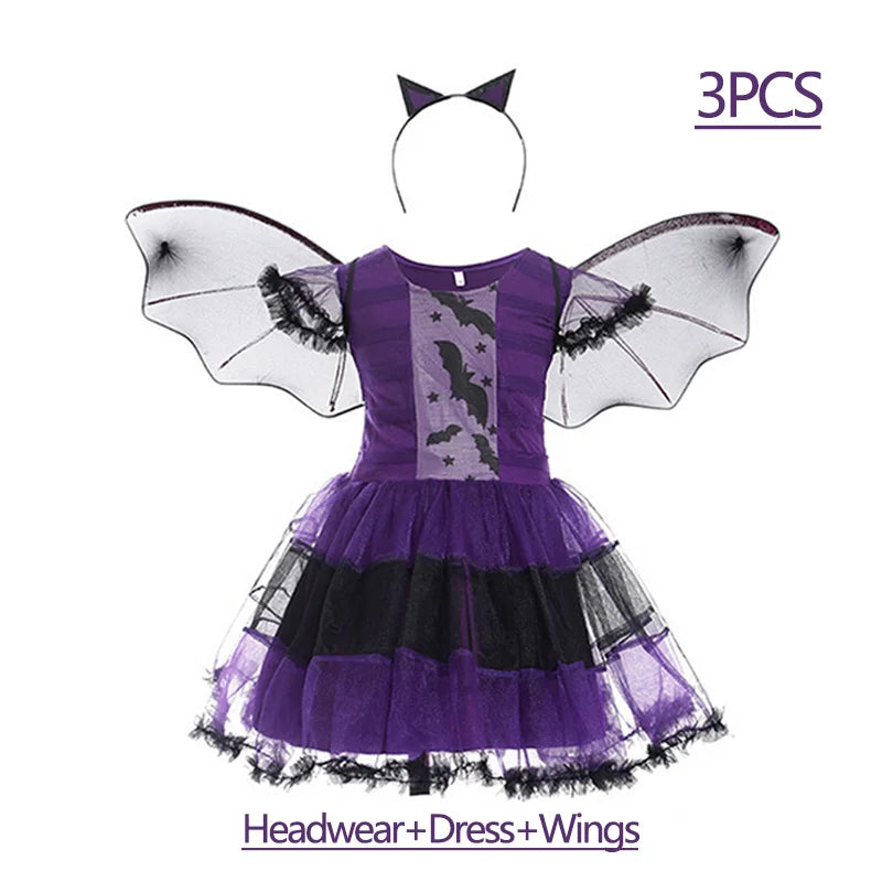 Girls purple bat costume with dress, wings, and headwear for Halloween celebrations