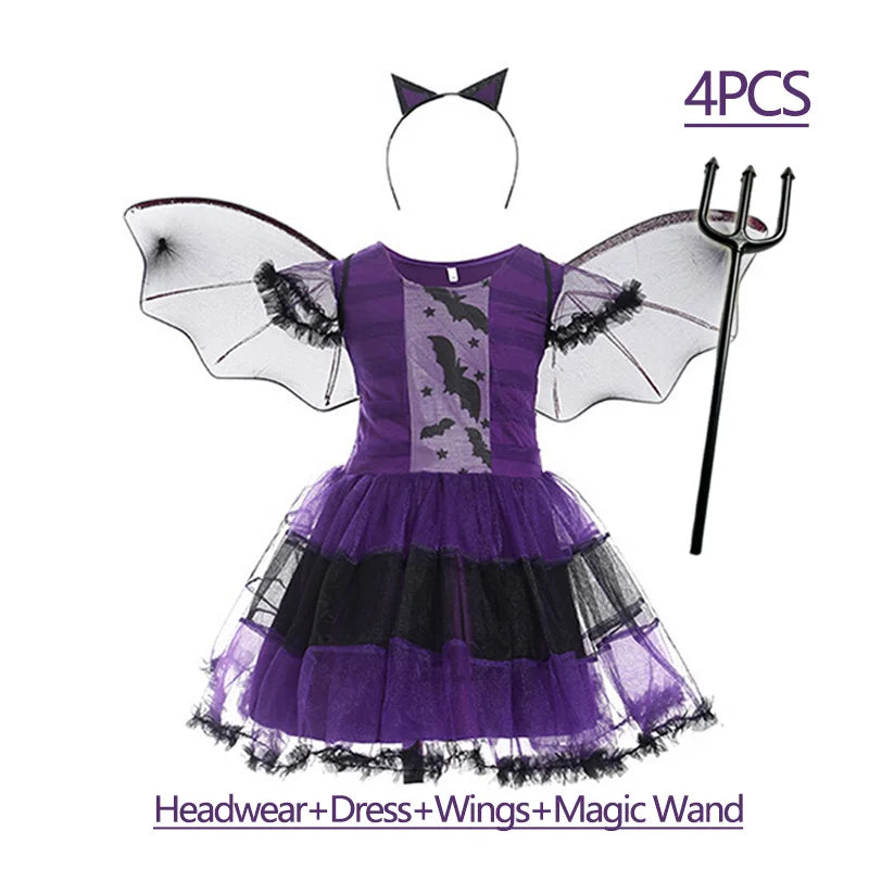 Girls purple bat costume including dress, wings, headband, and magic wand for Halloween fun