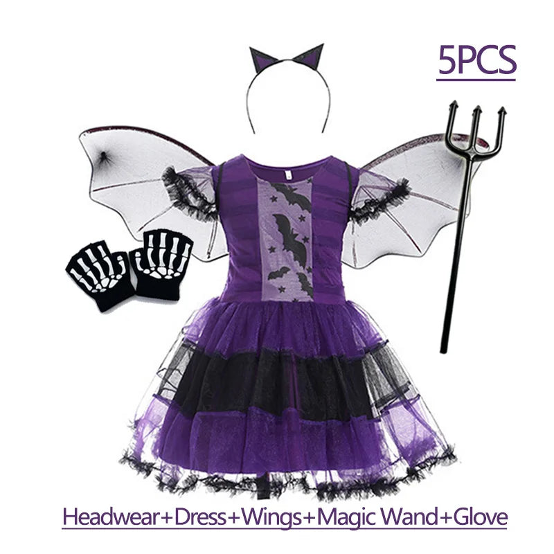 Girls purple bat costume featuring dress, wings, headband, gloves, and magic wand for Halloween fun