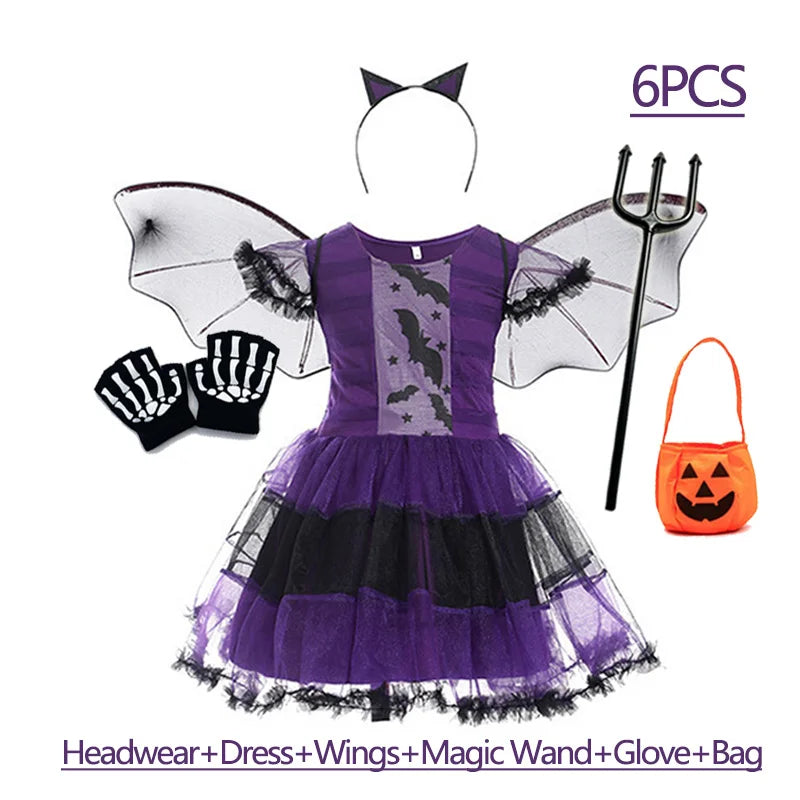 Girls purple bat costume with dress, wings, magic wand, gloves, and pumpkin bag for Halloween festivities