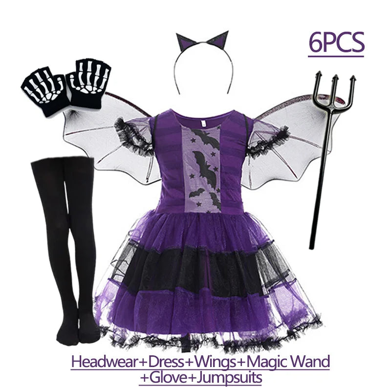 Girls purple bat costume with dress, wings, headwear, and accessories for Halloween fun