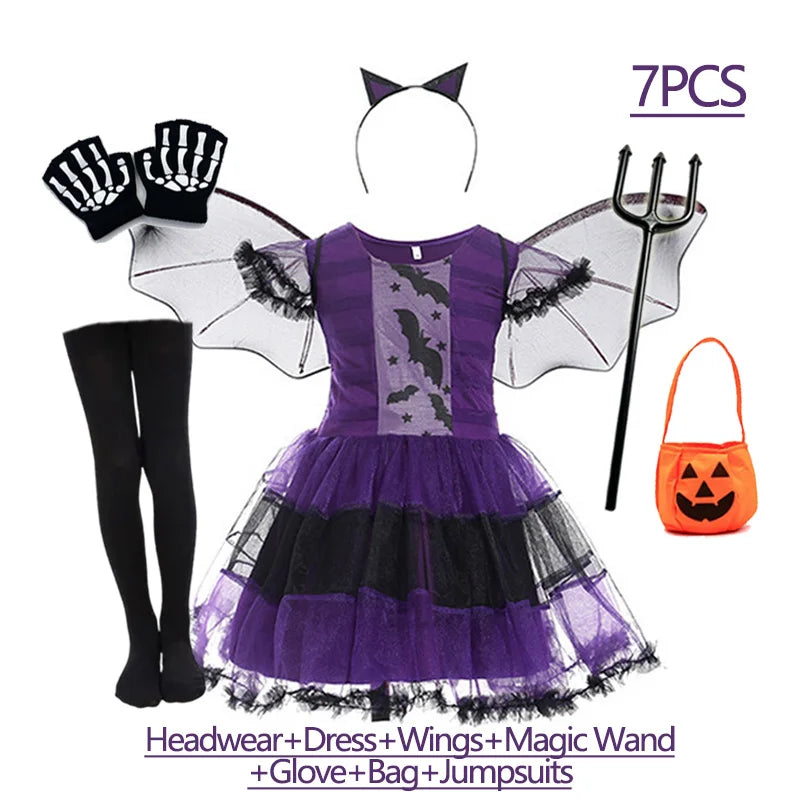 Girls purple bat costume with dress, wings, gloves, and accessories for Halloween fun
