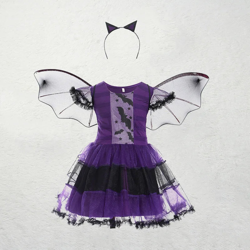 Girls purple bat costume with wings and headband, perfect for Halloween and dress-up parties