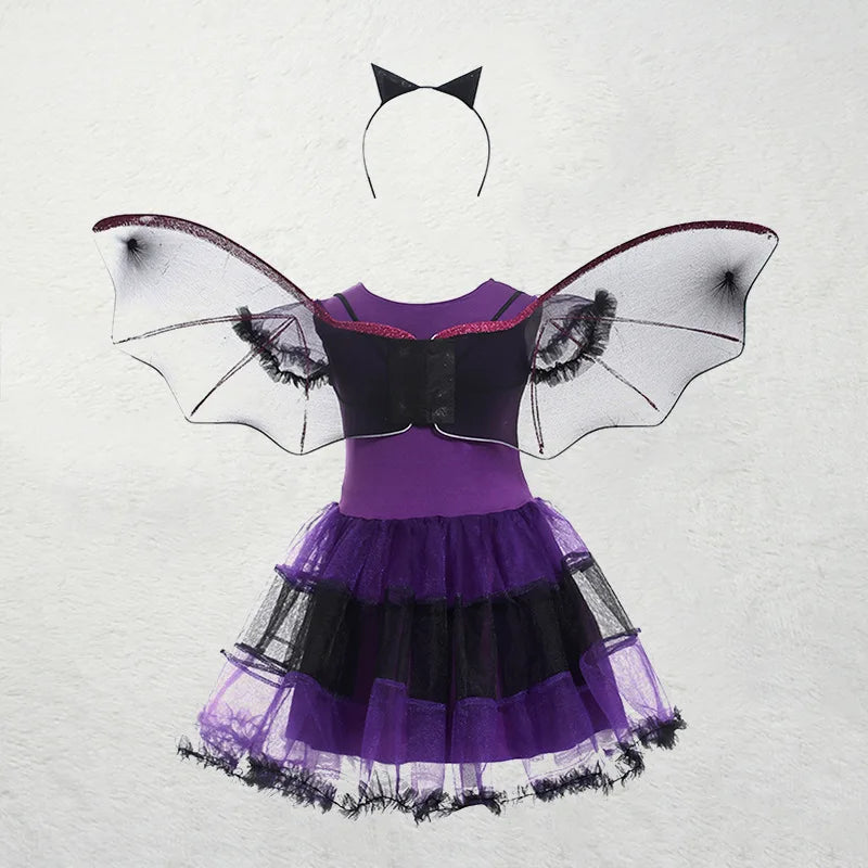 Girls purple bat costume featuring a tutu dress with wings and a matching headband for Halloween fun