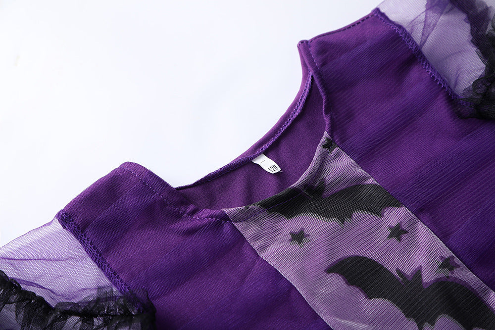 Girls purple bat costume with sheer sleeves and bat print for Halloween festivities