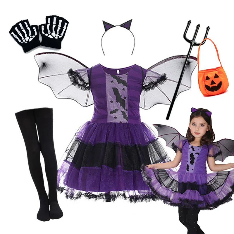 Girls purple bat costume includes dress, wings, headband, and accessories for Halloween fun