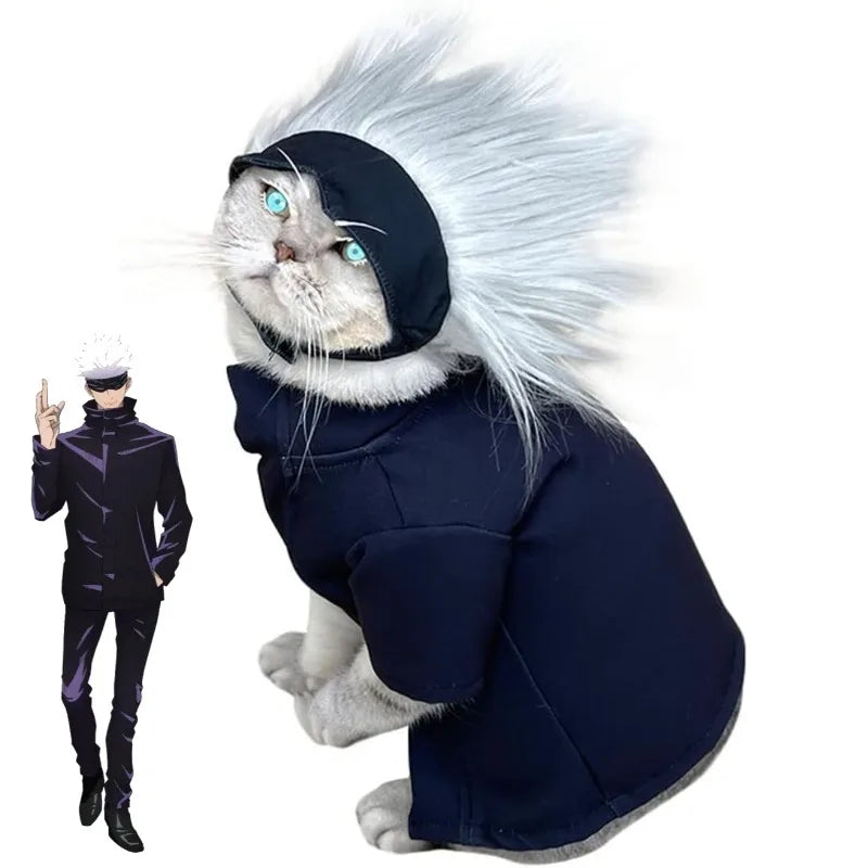 Gojo Satoru cat cosplay costume featuring a stylish outfit and spiky gray wig for pet costume lovers