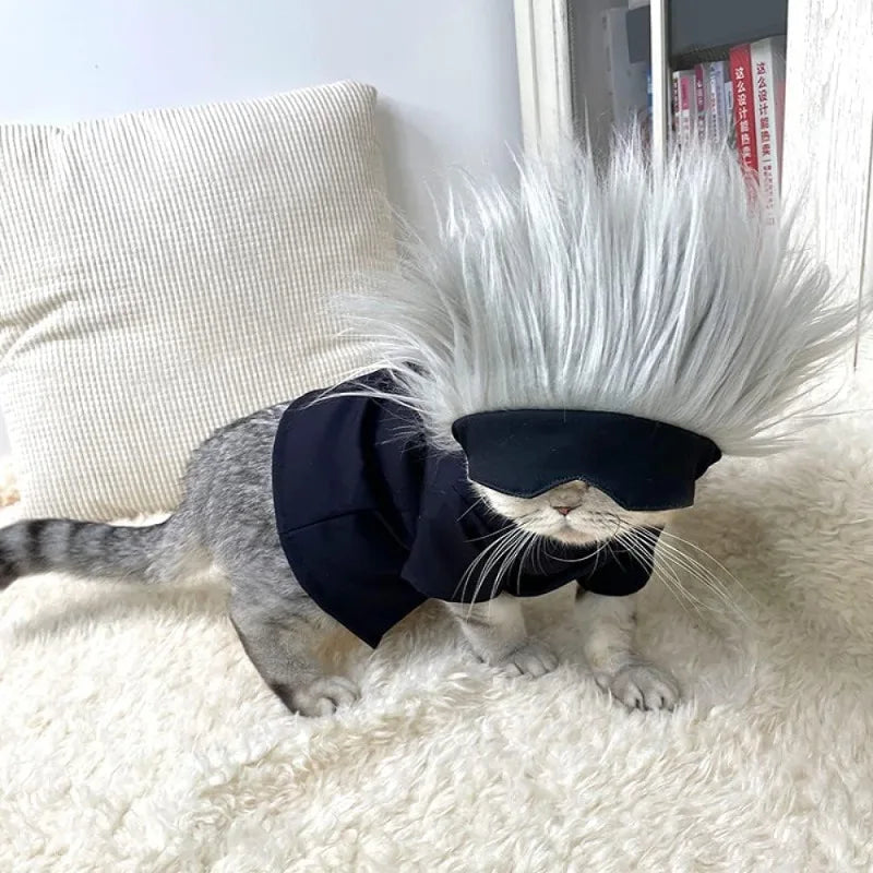 Cat dressed in Gojo Satoru cat cosplay costume featuring white spiky wig and blindfold