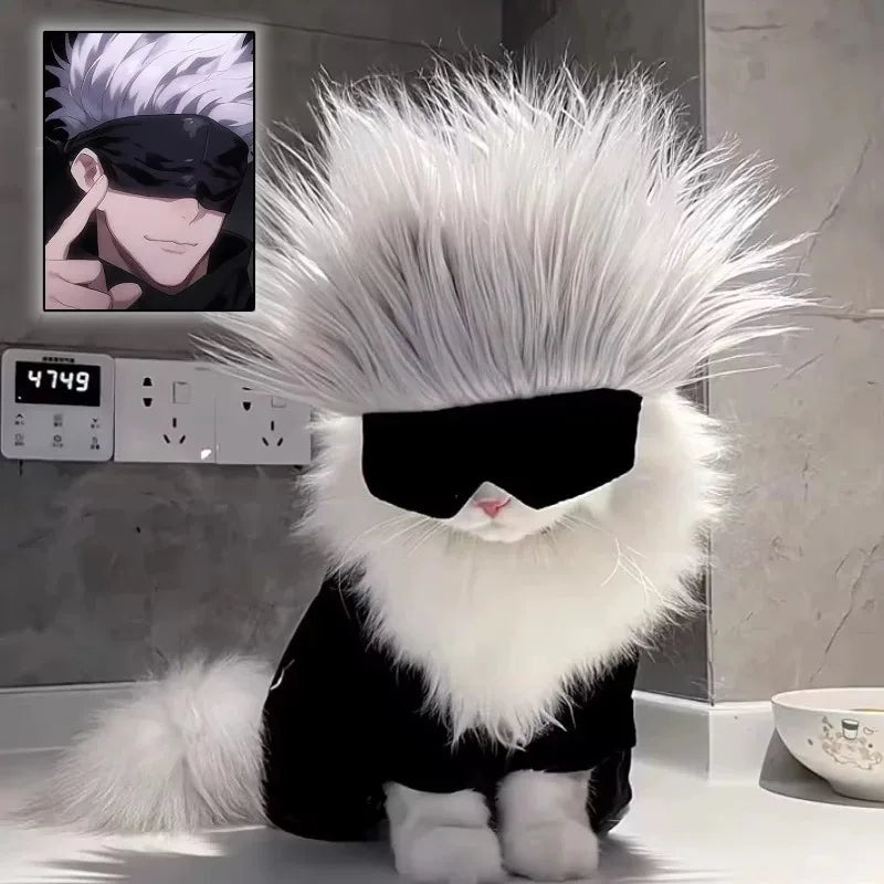Adorable cat in Gojo Satoru cat cosplay costume with fluffy wig and sunglasses for anime lovers