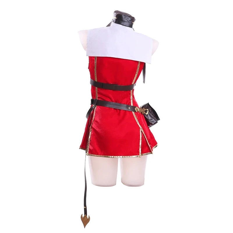 Back view of the Gold Ship uniform suit for cosplayers with a stylish red design and black accents