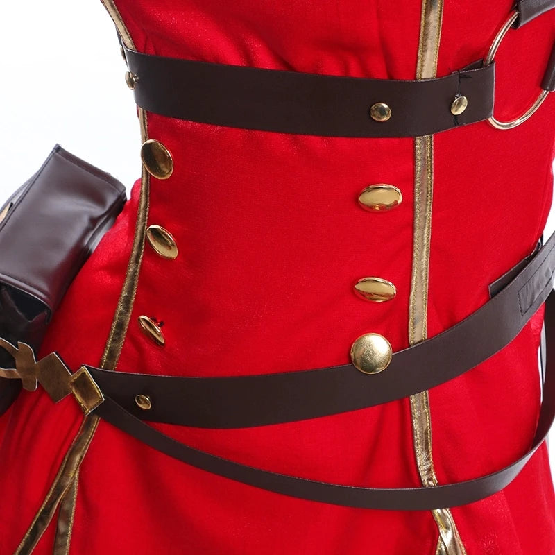 Close-up of a red Gold Ship uniform suit for cosplayers with detailed stitching and golden buttons