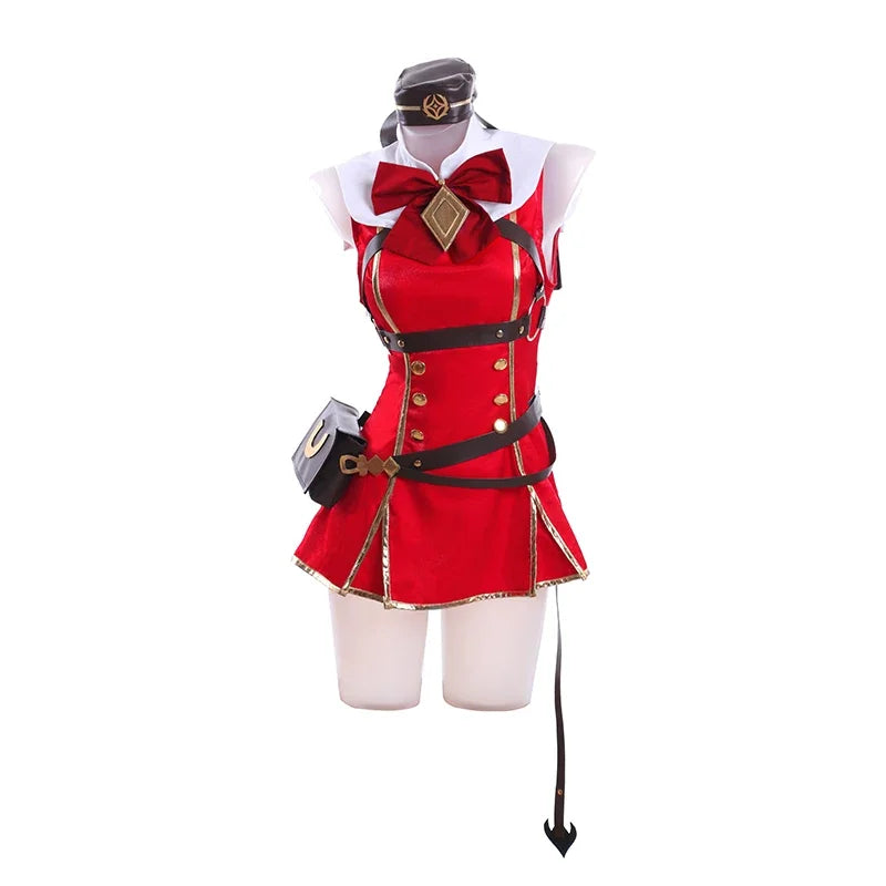 Red Gold Ship uniform suit for cosplayers featuring a stylish design with bows and adjustable straps