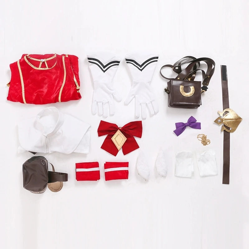 Complete Gold Ship uniform suit for cosplayers with accessories including gloves, bow, and belt